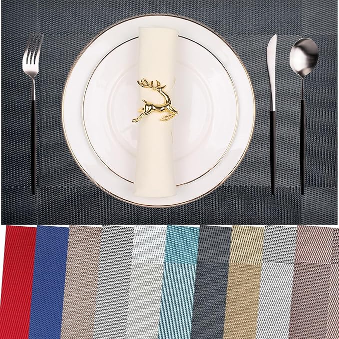 Vinyl Placemats Heat-Resistant Table Mats Washable Easy Clean Plastic Placemat for Kitchen Dining Table Set of 8 Indoor Outdoor (Solid Black)
