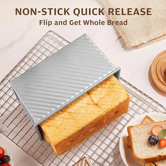 KITESSENSU Pullman Loaf Pan with Lid, 1 lb Dough Capacity Non-Stick Bakeware for Baking Bread, Carbon Steel Corrugated Bread Toast Box Mold with Cover for Baking Bread, Silver