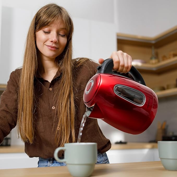Moss & Stone Red Stainless Steel Electric Kettle, 1.7L Cordless 1500W | Large, portable hot water tea kettle, fast boiling pot, boil-dry protection, auto shut-off, blue Illuminate LED light