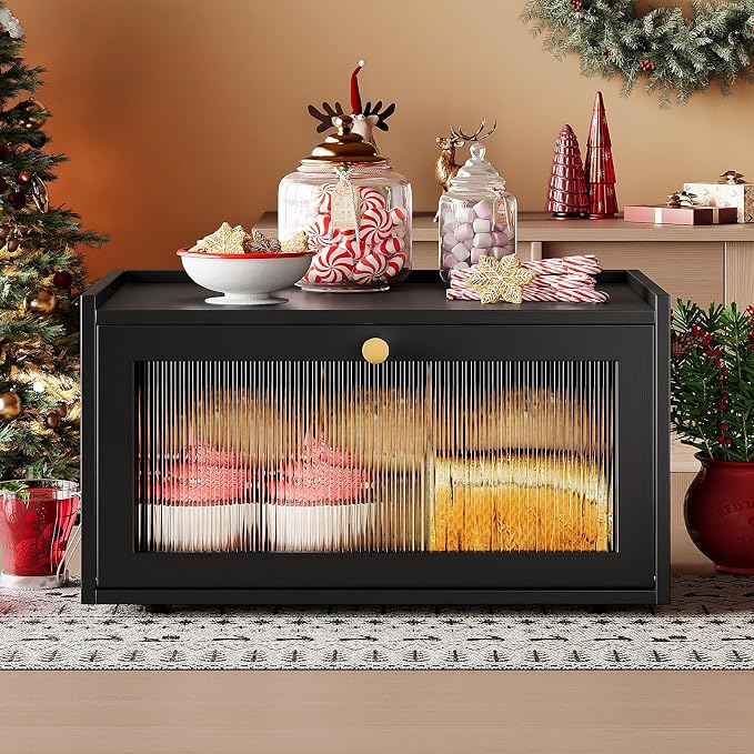 Trironsun Bamboo Bread Box with Led Light for Kitchen Counter Large Capacity Bread Storage Container Kitchen Countertop Organizer with Window Bread Holder (Black)