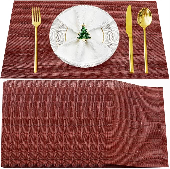 Red Vinyl Placemats Set of 12,Washable Dining PVC Table Mats | Heat resistant, stain resistant non slip vinyl place mats, washable red table placemats for dining table