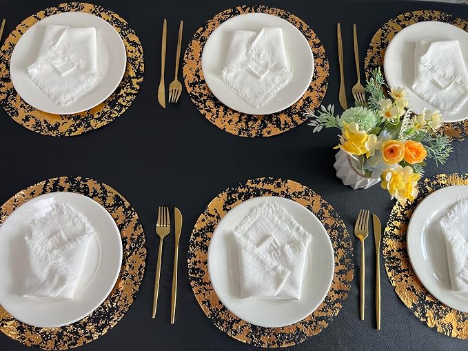 Disposable Black and Gold Placemats Set of 100 Metallic Thin Round 13 Inch Gold Doilies Mesh Pressed Fall Table Placemates 100 Pack Charger Plates for Wedding, Birthday Party