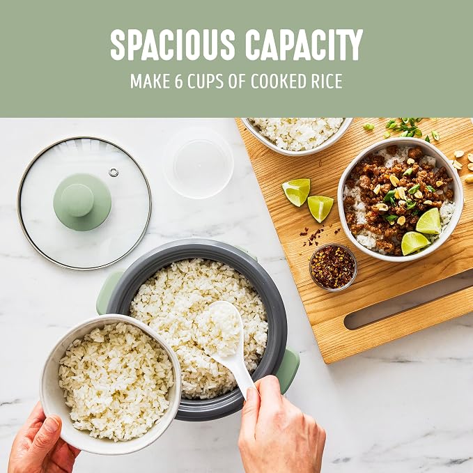 GreenLife Rice Cooker, 3-Cups Uncooked/6-Cups Cooked, Sage Green | PFAS-Free Ceramic Nonstick Removable Pot, One-Switch Design, Grains Multicooker, Keep Warm, Dishwasher Safe Parts, Easy Clean