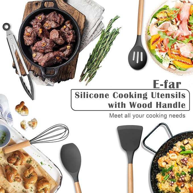 E-far Gray Silicone Cooking Utensils Set, 10-Piece Kitchen Utensils Set with Wooden Handle for Nonstick Cookware, Heat Resistant Kitchen Nonstick Tools Spatula Whisk Tongs Ladle, Non-toxic & Healthy