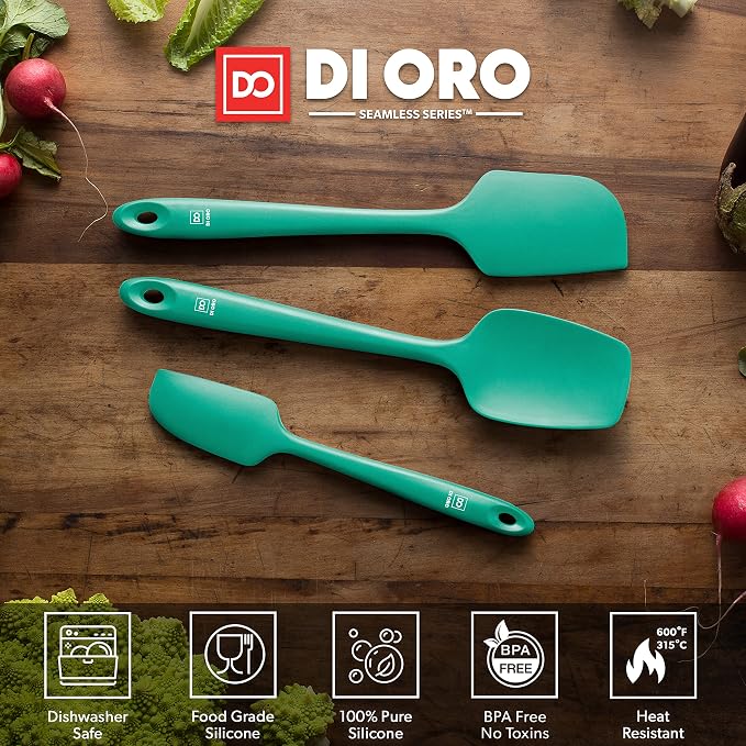 DI ORO Silicone Spatula Set - 600F Heat Resistant, 3-Pc Mint | Rubber scraper won't scratch nonstick pans; For baking, cooking, mixing, and frosting; BPA-free and dishwasher safe