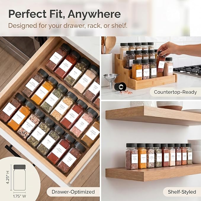 SAVVY & SORTED Glass Spice Jars with Label 24 PK - 4 Oz Spice Containers with 374 Minimalist Preprinted Labels Stickers, Pepper Grinder Funnel Shaker Lids, Empty Seasoning Containers Bottles