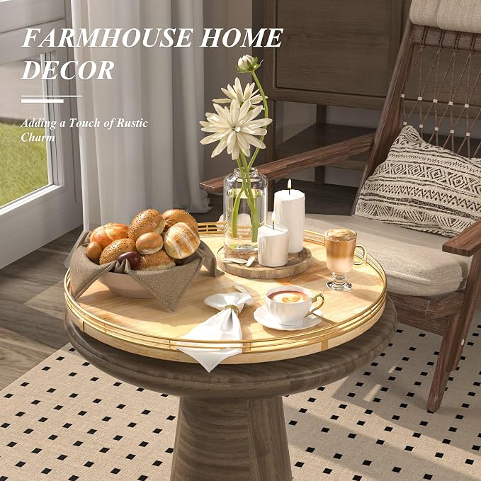 AMH 18-Inch Rustic Lazy Susan with Solid Oak Base and Black Iron Rail | Smooth rotating oak tray with walnut finish for dining tables, kitchen counters, pantries and cabinet storage.