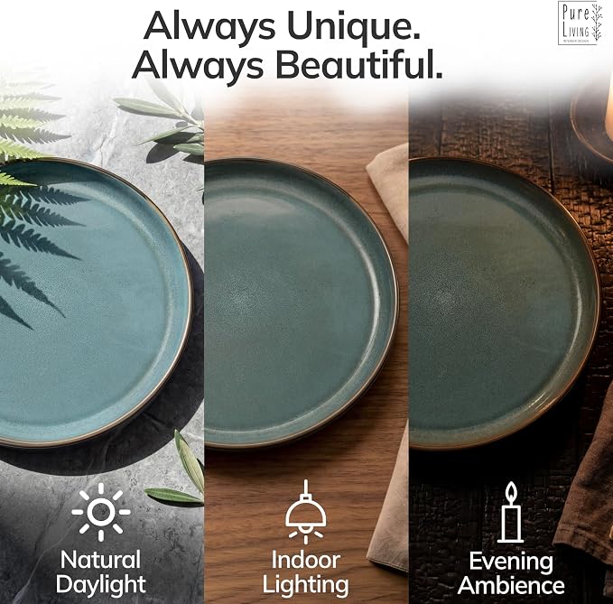 24 Piece Stoneware Dinnerware Set for 8 - Handmade Reactive Glaze Plates and Bowls Set - Chip & Scratch Resistant Dish Set - Dishwasher Microwave Safe - Black and Petrol Blue