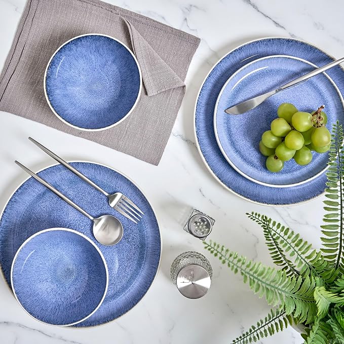 Sango 12-Piece Stoneware Dinnerware Set for 4, Light Blue Reactive Glaze on White Plates and Bowls Sets, Kitchen Ceramic Dish Set, Modern Dishes for Everyday Dining, Microwave & Dishwasher Safe, Cove
