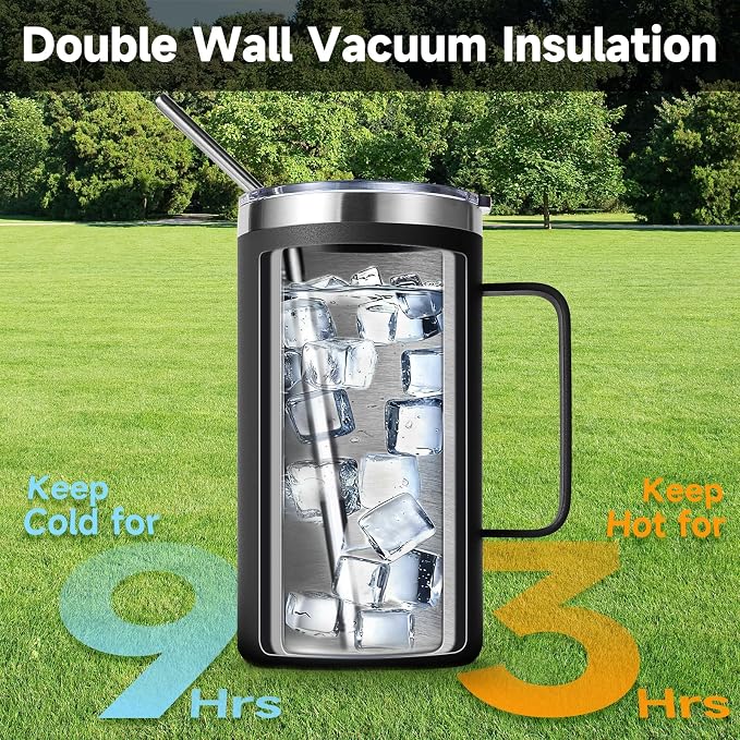 Volhoply 22oz Insulated Stainless Steel Coffee Mugs with Leakproof Lid Bulk 2 Pack,Double Wall Vacuum Travel Coffee Cup with Handle,Reusable Metal Tumbler,Camping Mug Keep Hot&Cold(Black,2)