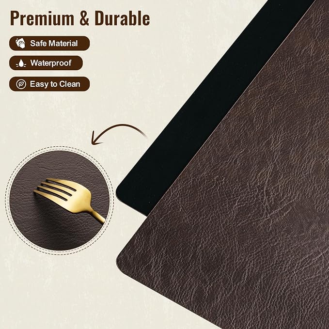 Placemats Set of 12, DOLOPL Reversible Dual-Color Faux Leather Place Mats 17"x11.8"– Waterproof, Heat Resistant, Washable & Wipeable, Luxury Retro Style for Kitchen, Dining Table (Dark Brown & Black