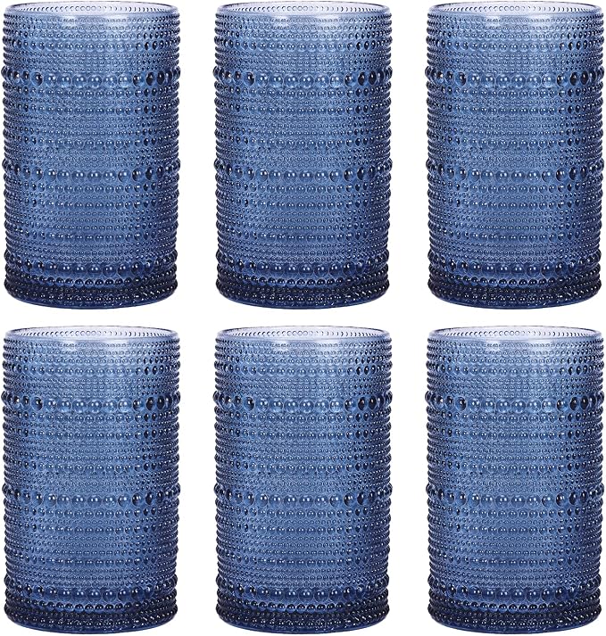 Moretoes 12 Oz Vintage Hobnail Drinking Glasses Set of 6 | Blue Highball Glasses Clear Embossed Boho Water Glass Cups Kitchen Bar Tumbler Glassware Set for Whiskey, Beer, Juice, Milk