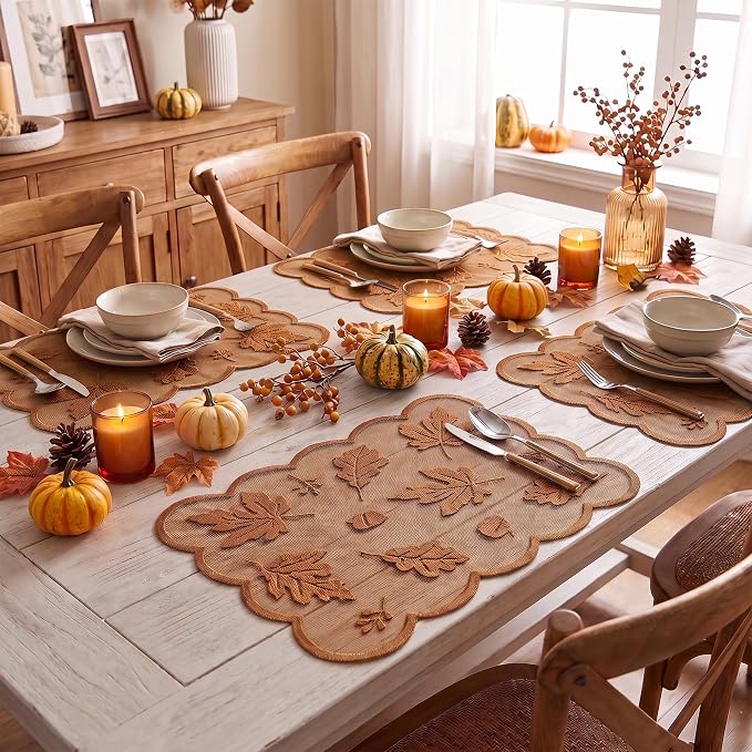 Artoid Mode Rust Maple Leaves Lace Fall Placemats Set of 2, 11x17 Inch Table Mats for Thanksgiving Party Dining Table Decoration