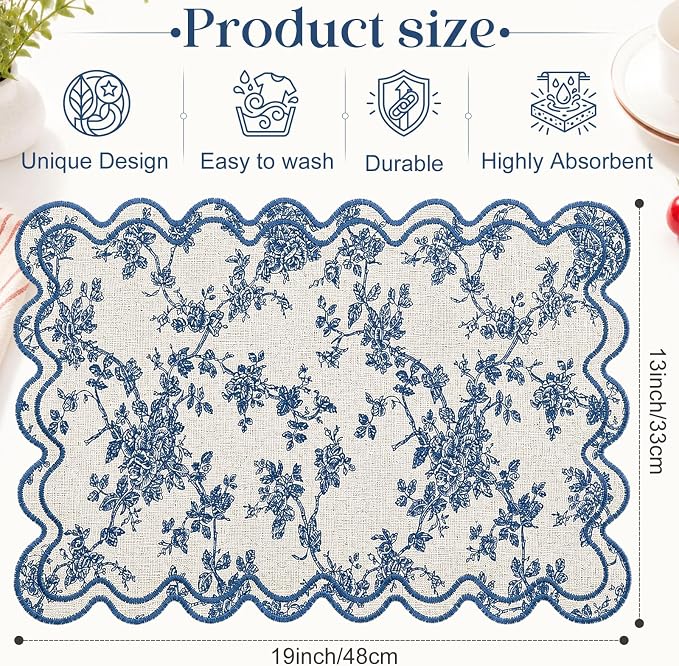 Linen Placemats Set of 12 Scalloped Placemat 13 X19 Wavy Embroidery Double Layered Washable Farmhouse Dinner Fabric Table Mat Napkin for Wedding Party Restaurant(Floral,Blue)