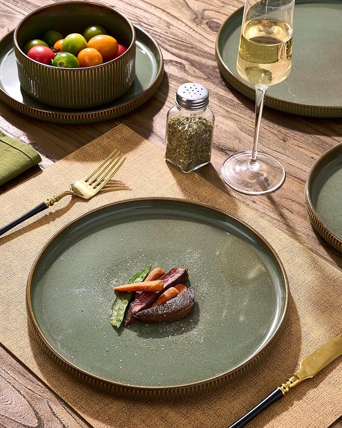 Stoneware Dinnerware Set for 4, Reactive Glaze, Moss Green | 12-Piece Everyday Ceramic Plates and Bowls, Handmade Ribbed Dish Sets, Microwave & Dishwasher Safe, Chip & Scratch Resistant