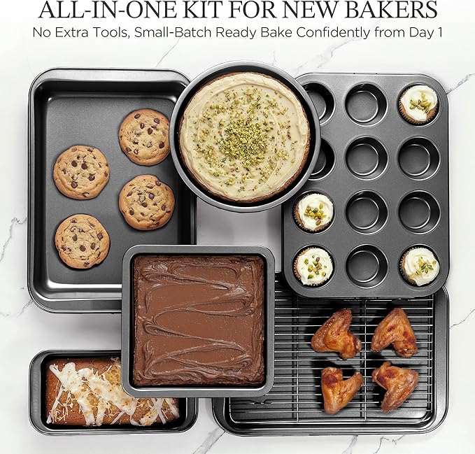 KITESSENSU Compact Baking Pans Sets, Nonstick Bakeware Sets 19-Piece with Round/Square Cake Pan, Loaf Pan, Muffin Pan, Cookie Sheet, Roast Pan, Cooling Rack, Carbon Steel Bake Set