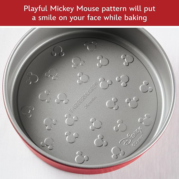 Farberware Disney Bake with Mickey Mouse Nonstick Baking Pan/Cake Pan, 8 Inch Round Non Stick Bakeware Pan - Red and Gray
