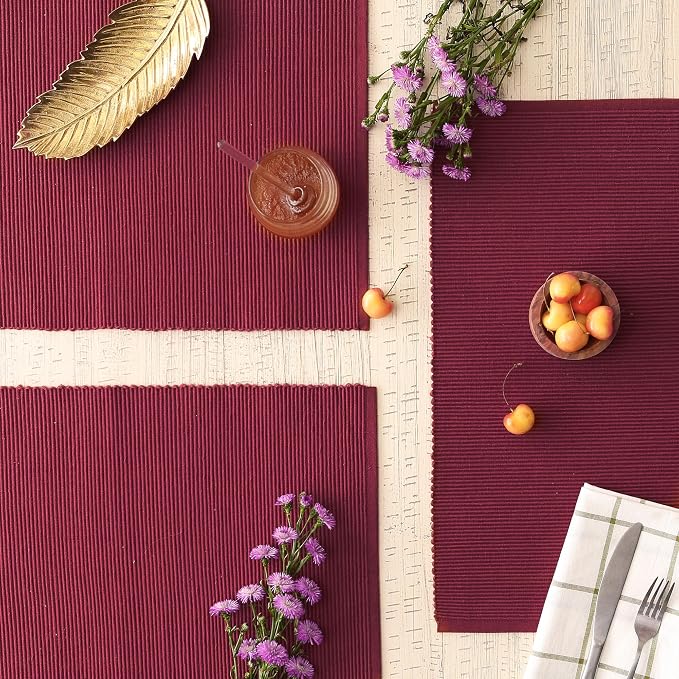 DII Basic Everyday Ribbed Tabletop 100% Cotton, Placemat Set, 13x19, Barn Red, 6 Piece