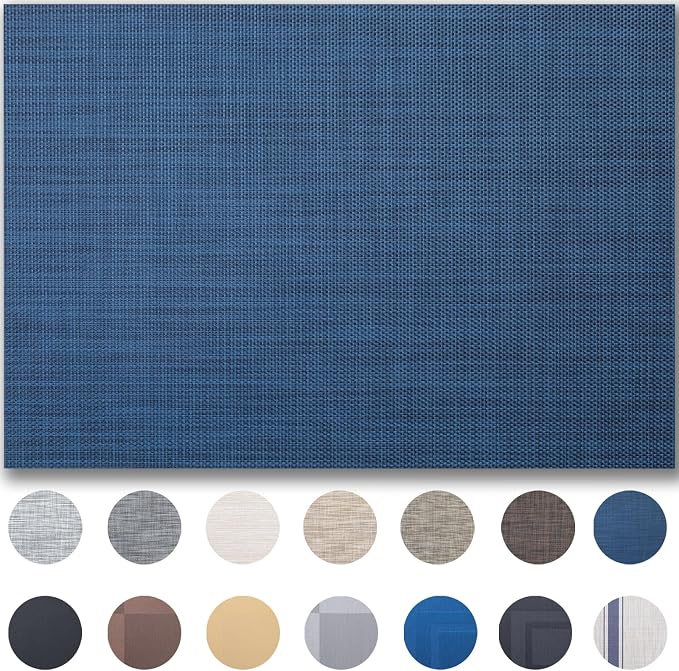 Placemats Set of 4 - Easy Clean Woven Vinyl Placemats for Dining Table, Indoor/Outdoor Place Mats, Washable PVC Table Mats（Navy Blue）