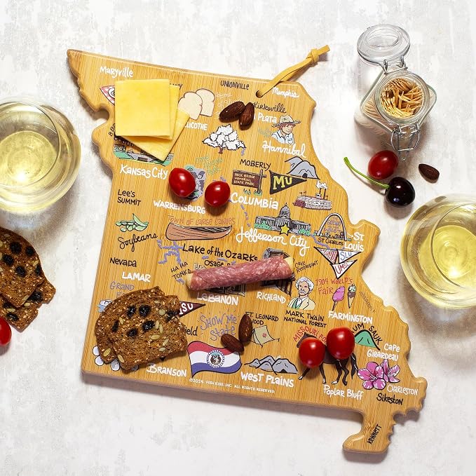 Totally Bamboo Missouri State Shaped Cutting Board, Art by Fish Kiss | State charcuterie board with colorful hand-drawn map artwork. Smooth reverse side for food prep. Hang tie for wall display.