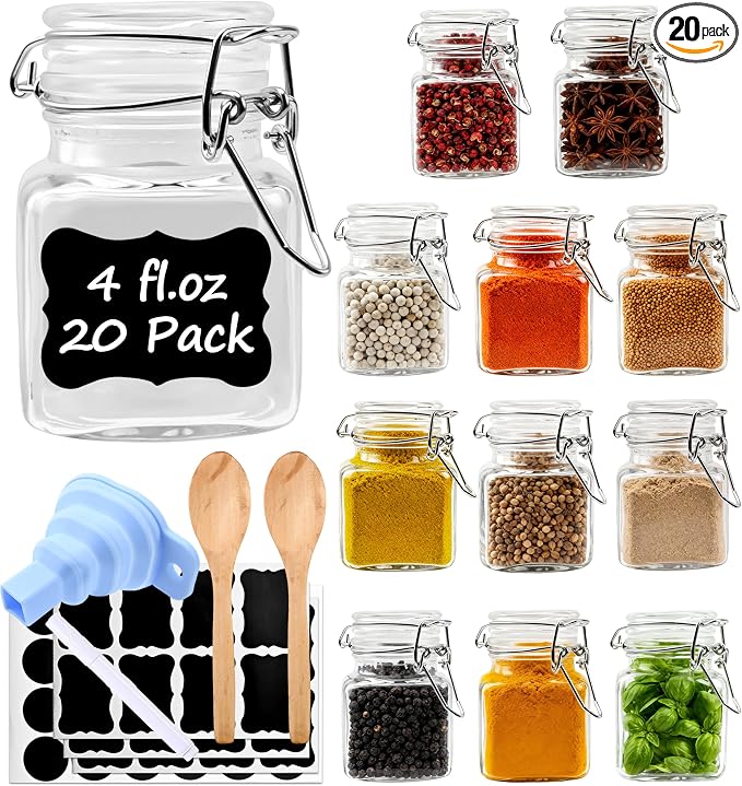 Spice Jars 20 Pack 4 oz Small Glass Jars with Airtight Hinged Lids for Herb | Spice Containers with Labels,Marker,Spoons,Funnel for Seasoning,Honey Kitchen Wedding Favors