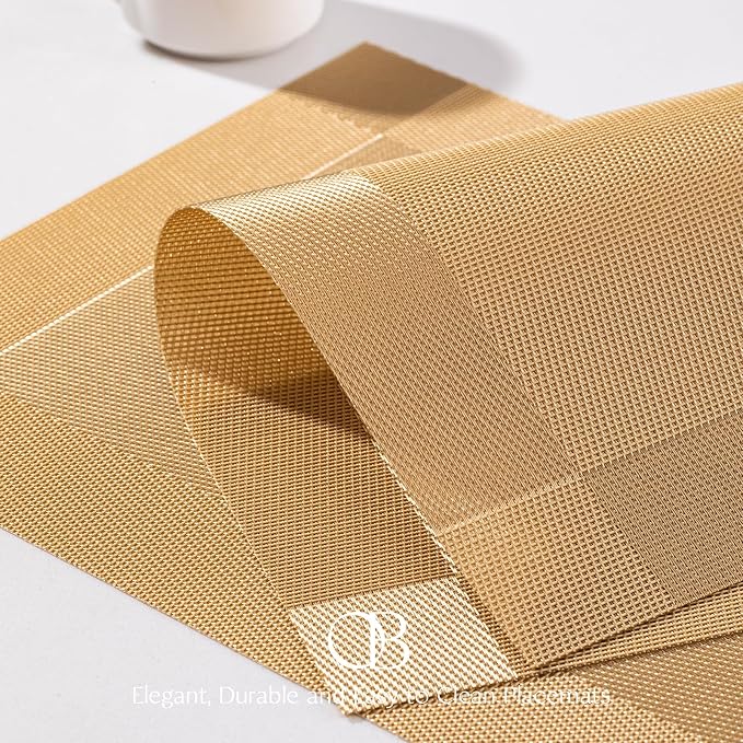 Placemats Set of 12 - Easy Clean Woven Vinyl Placemats for Dining Table, Indoor/Outdoor Place Mats, Washable PVC Table Mats（Gold Cube）