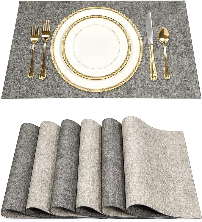 Leather Placemats Table Mats Set of 6, Light Grey & Smoky Grey | Reversible Non-Slip Table Placemats, Heat-Resistant and Waterproof for Dining Kitchen and Holiday Parties