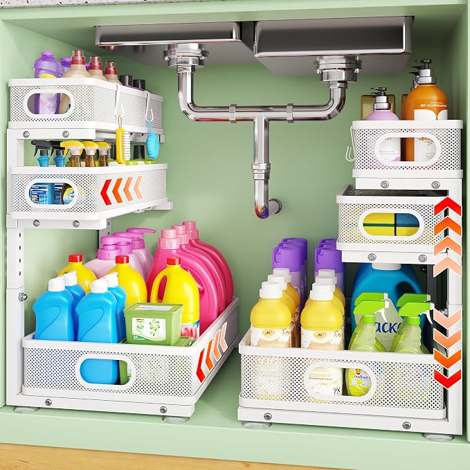 2 Pack Under Sink Organizer,3-Tier White Metal Pull Out Kitchen Cabinet Organizers,Slide Out Undersink Storage Drawers,Under The Sink Organization and Storage, Bathroom Shelves for Pantry,Laundry Room