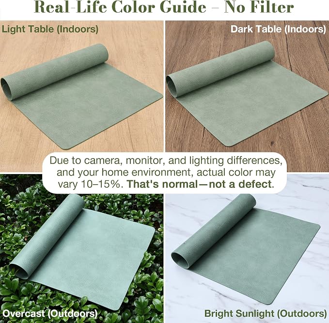 Roxifina Faux Leather Placemats Set of 6 - Vinyl Placemats Wipeable Waterproof Oil-Proof PU Place Mats Heat Resistant Reversible Table Mats for Dining, Kitchen, Outdoor, 12 x 17 Inch (Green)