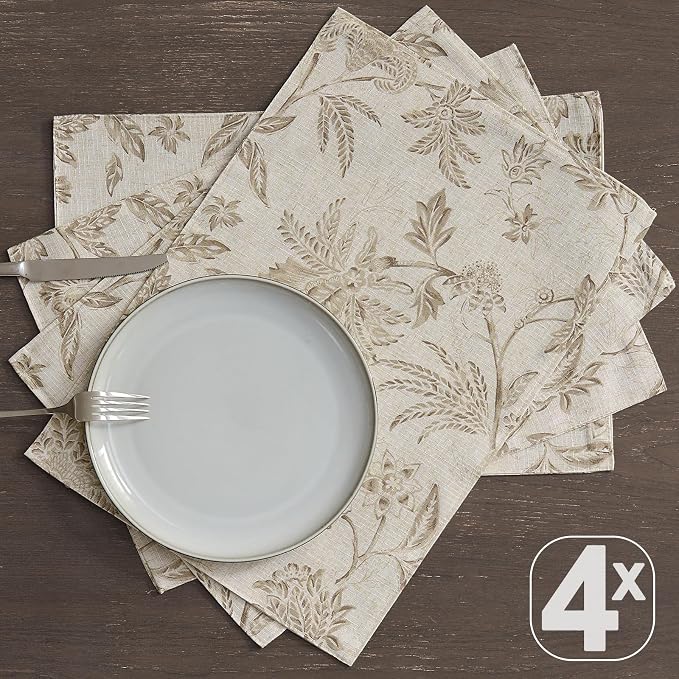 JINCHAN Sliva Linen Floral Placemats Set of 4 Farmhouse 13x19 Inch Taupe | Fabric Placemats, Cottage Style, Painterly Floral Pattern, Machine Washable, Easy to Store, Reusable