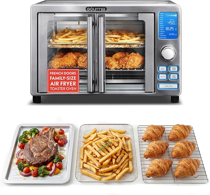Gourmia Air Fryer French Door Toaster Oven - 6-Slice Capacity, LED Display with 14 Cooking Presets, Stainless Steel