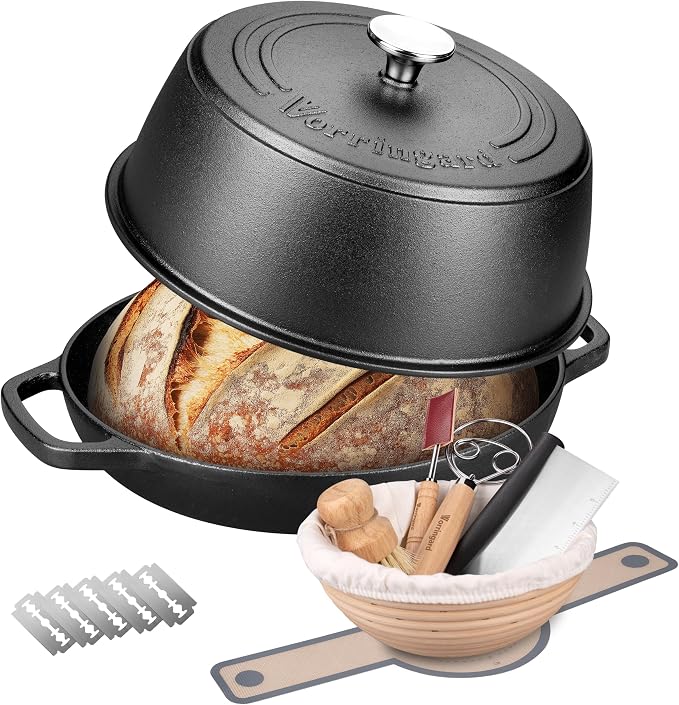 Pre-seasoned Cast Iron Dutch Oven Pot with Lid for Bread Baking, Include Sourdough Bread Baking Supplies like Banneton Bread Proofing Basket, Bread Oven, 6 Quart