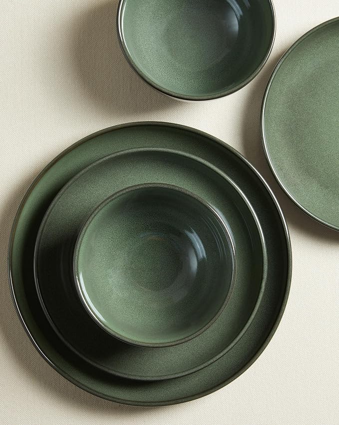Stoneware Dinnerware Sets, Ceramic Plates and Bowls Set, Microwave & Dishwasher Safe Kitchen Dishes, Modern Dinner Salad Plates | Cereal Bowls, Dishware Sets Service for 4 Forest Green