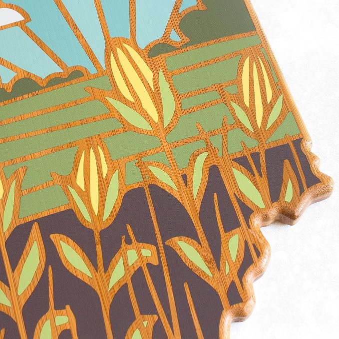Totally Bamboo Indiana State Shaped Cutting Board, Summer Stokes Art | State charcuterie board with colorful hand-drawn landscape art. Smooth reverse side for food prep. Hang tie for wall display.