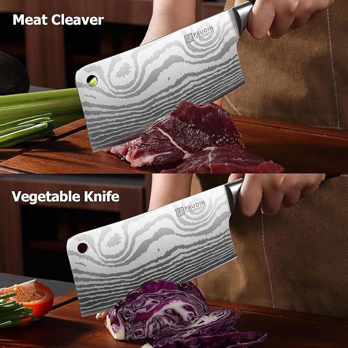PAUDIN Cleaver Knife, Ultra Sharp Meat Cleaver 7 Inch, High Carbon Stainless Steel Butcher Knife with Wooden Handle, Chinese Cleaver for Meat Cutting Vegetable Slicing