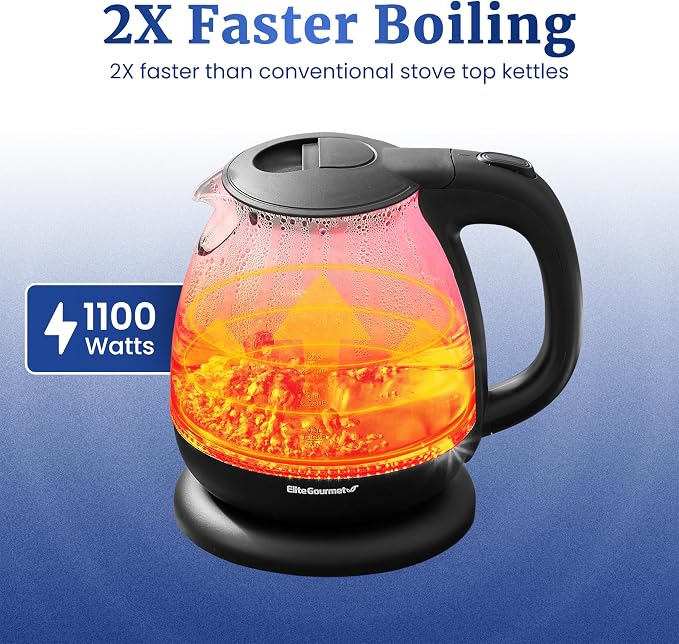 Elite Gourmet EKT1001 1.0L Glass Kettle, 1100W, Cordless Base, Black | BPA-Free Glass, Blue LED Interior, 360° Base, Auto Shut-Off Function, Quickly Boil Water for Tea & More