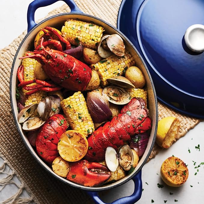 Tramontina Bestow Enameled Cast Iron 7-Qt Oval Dutch Oven Pot with Lid | Great for Braising, Roasting and Bread Baking - Blue