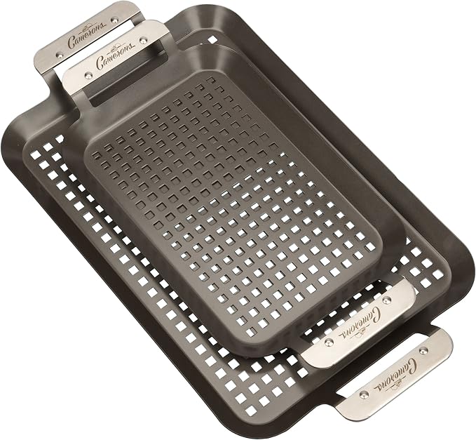 Camerons BBQ Grill Topper Non-Stick Grilling Pans, 2 Pack | Barbecue Trays with Stainless Steel Handles, Indoor Outdoor Use for BBQ Smoked Meat, Veggies & Seafood, Grilling Gift for Men