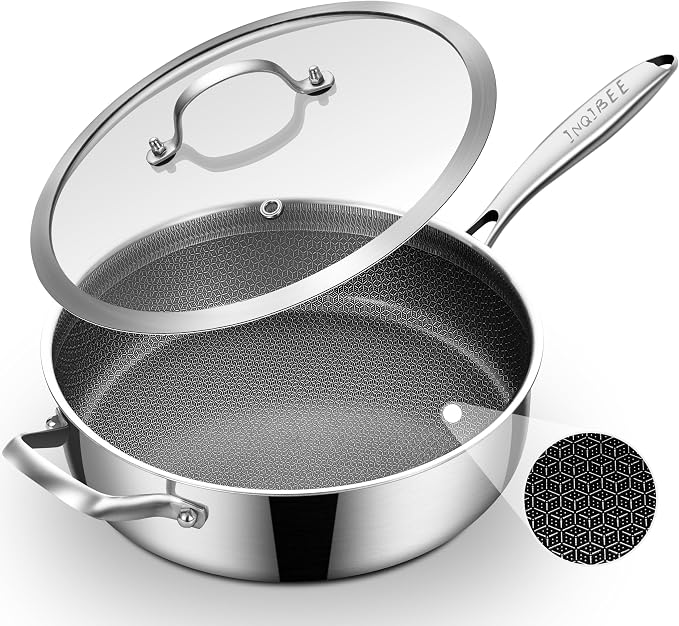 Inqibee 5QT Hybrid Nonstick Stainless Steel Sauté Pan with Lid | Honeycomb Tri-ply Stainless Steel Deep Frying Pan, Large Skillet for Sautéing, Frying & Family Meals, Induction Compatible