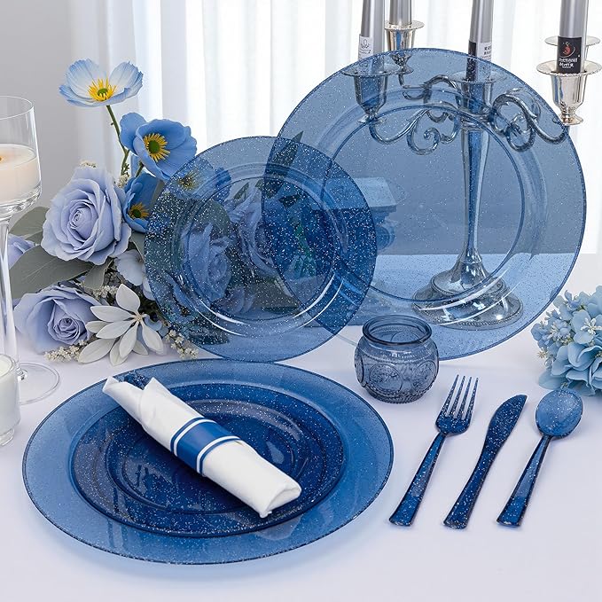 DaYammi 350 Pieces Cobalt Blue Glitter Dinnerware Set 50 Guest for Party- 50 Dinner Plates, 50 Dessert Plates -50 Per Rolled Napkins with Blue Cutlery - 50 Disposable Cups 9 OZ