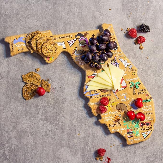 Totally Bamboo Florida State Shaped Cutting Board, Art by Fish Kiss | State charcuterie board with colorful hand-drawn map artwork. Smooth reverse side for food prep. Hang tie for wall display.