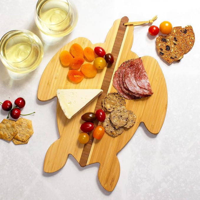 Totally Bamboo Sea Turtle Shaped Cutting Board and Charcuterie Board | Makes a splash when serving charcuterie and snacks. Slice, prep, and serve all on one board. Hangs as decor between uses.