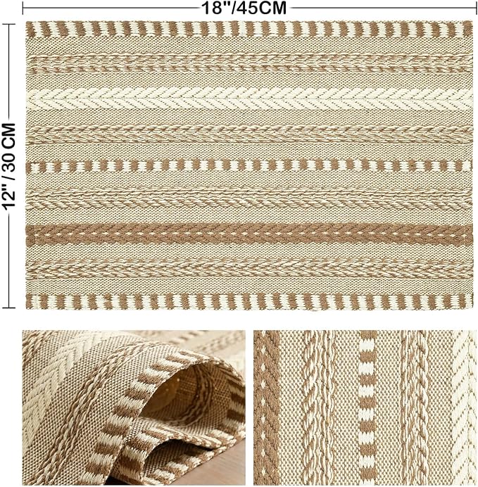 Artoid Mode Light Coffee Farmhouse Woven Braided Stripe Placemats Set of 6,12x18 Inch Seasonal Holiday Table Mats Party Kitchen Dining Decoration