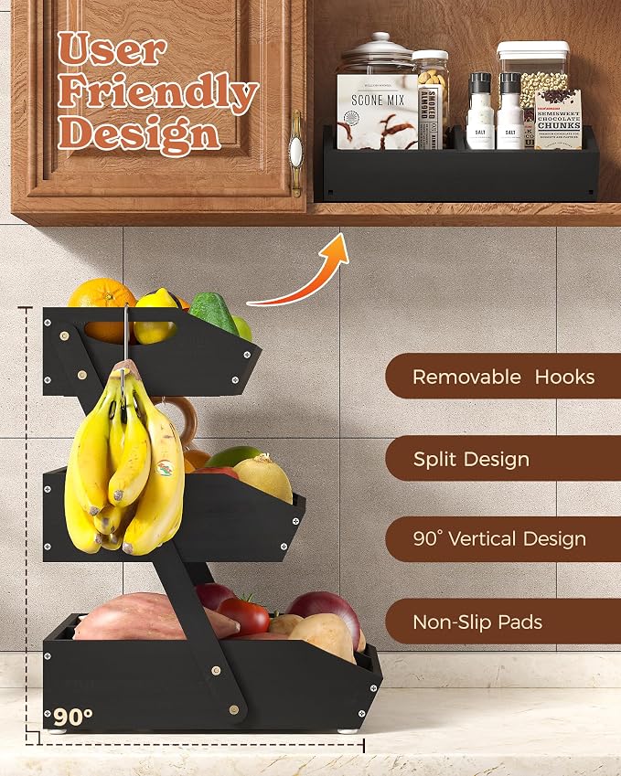 3-Tier Bamboo Fruit Basket with 2 Banana Holders Black | Large tiered organizer for bread, snacks, veggies. Sturdy bamboo, includes mats & dividers. Easy to assemble.
