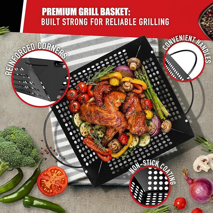 Qetumst 3 Piece Grill Baskets for Outdoor Grill, Vegetable Grilling Pan Set | Heavy duty grilling accessories. Vegetable grill baskets for veggies, seafood & meat. Warp resistant grill pan with handles.
