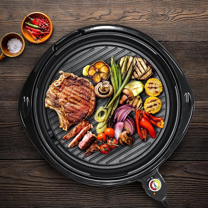 Elite Gourmet EMG-980BX Indoor Electric Round Grill, Non-Stick, 14" Black | Cool-touch handles, fast heat-up, dishwasher-safe with glass lid - great for low-fat meals, easy cleanup