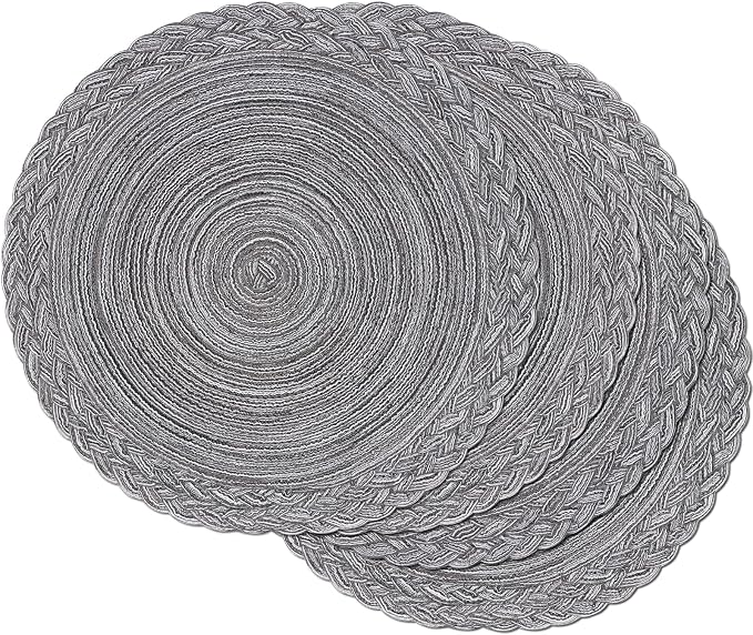 SHACOS Round Placemats Set of 4 Boho Braided Border 15 inch Circle Place Mats Washable Fabric Table Mats for Kitchen Dining Table, Gray