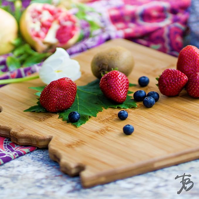 Totally Bamboo Arizona State Shaped Bamboo Serving and Cutting Board | State charcuterie board with natural bamboo grain. Knife-friendly surface for food prep. Hang tie for wall display.