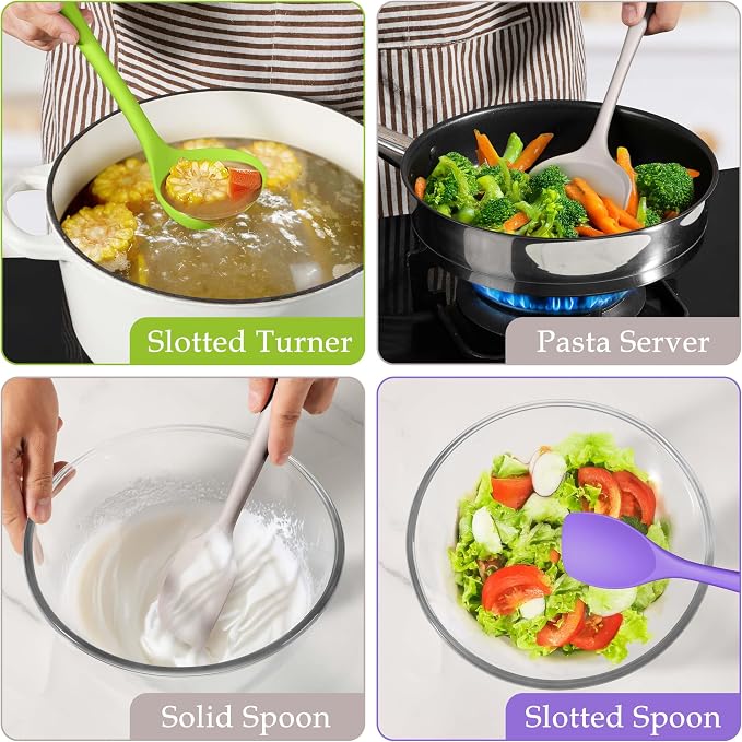 LIANYU Colorful Kitchen Cooking Utensils Set, 8Pcs Silicone Utensils Set | Heat Resistant Cooking Gadgets for Nonstick Cookware, Include Silicone Spoon, Turner, Spatula, Ladle, Multi-Color