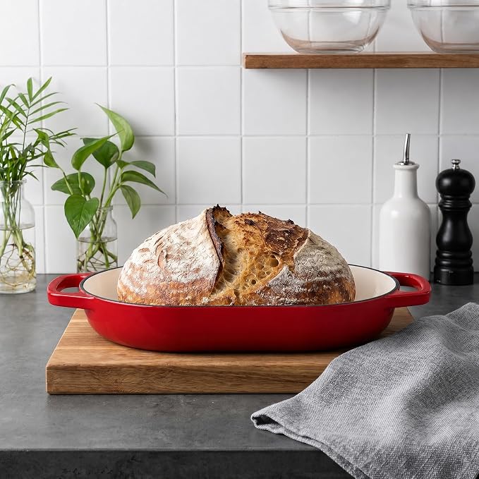 Enameled Cast Iron Dutch Oven Pot with Dome Lid, Oval Bread Oven for Homemade Sourdough Bread Baking, Oven Safe up to 500°F, 6 Quart, Red